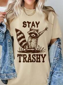 Calvaya 大码女式休闲可爱浣熊印花短袖 T 恤 - 白色 - 查看 5