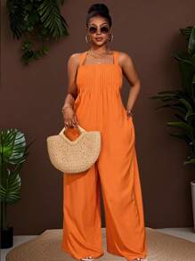 Slaydiva Summer&Beach Plus Size Women Casual & Holiday & Cute Solid Orange Sleeveless Loose Bowknot Wide Leg Pants Plus Size Jumpsuit Women Plus Size Women Clothes Women Clothing Jumpsuit Casual Jumpsuit Plus Size Women Clothes - Orange - View 10