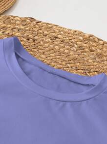 SHEIN EZwear Camiseta casual de mujer de manga corta con cuello redondo y estampado de eslogan