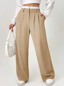 SHEIN PETITE Spring Dress PantsHigh Waist Plicated Detail Wide Leg Suit Pants,Fall