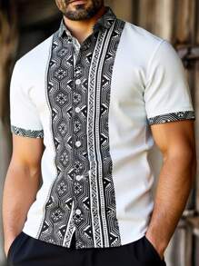 Manfinity Homme Camisa casual de manga corta con estampado geométrico de corte recto para hombres. Ropa y camisas para hombres, camisas frescas para hombre, camisas de diseñador para hombre. Estilo minimalista veraniego, diseño básico, suave y cómodo, perfecto para vacaciones, streetwear y uso casual diario.