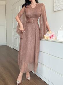 DAZY 女士优雅闪亮收腰连衣裙 优雅奢华舞会礼服 亮片闪耀连衣裙 - 香檳色 - 查看 4