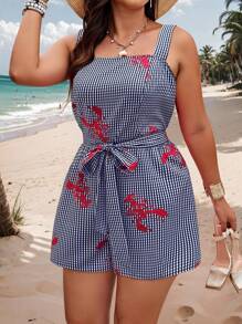 Breezaya Plus Size Women Lobster Plaid Print Casual Jumpsuit