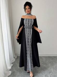 Chiquease 女士灵感图案撞色印花束腰长裙 - 黑色 - 查看 5