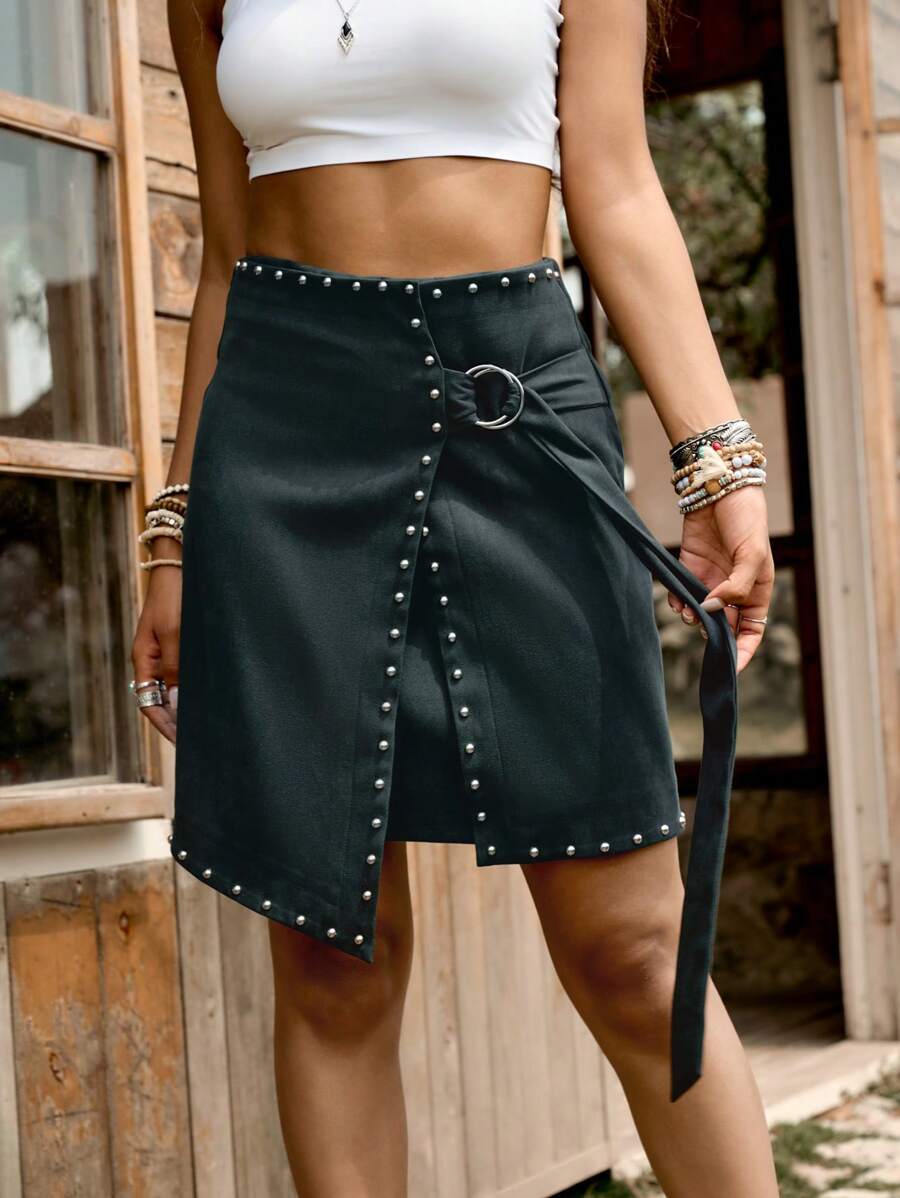 LanaWest Spódnica midi damska Vintage Rivet Asymetryczna przednia talia Pasek Pętelka