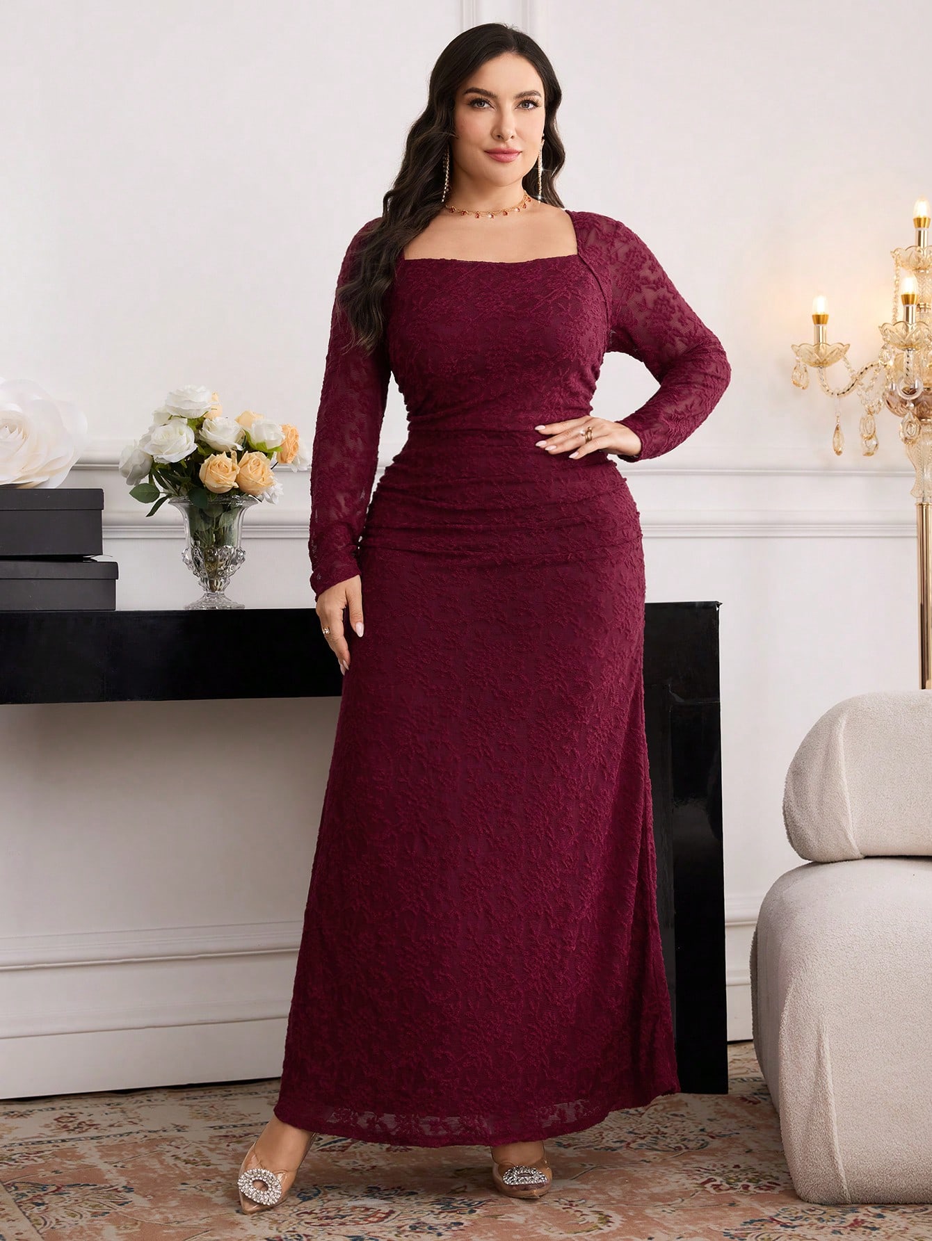 Modelyn فستان طويل جدا من الجاكارد باللون الصلب أن...