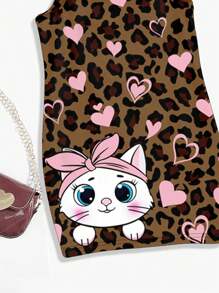 SHEIN 可爱粉色豹纹猫心印花，女婴休闲修身吊带连衣裙，适合夏季 - 彩色 - 查看 3