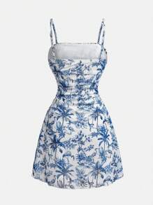 SHEIN Vintage Stijl Blauw & Wit Bloemenprint Gerimpelde Buste A-lijn Mini Jurk Voor Tienermeisjes, Geschikt Voor Zomer, Afstuderen, Terug Naar School, Vakantie, Festivals, Lunches, Uitjes