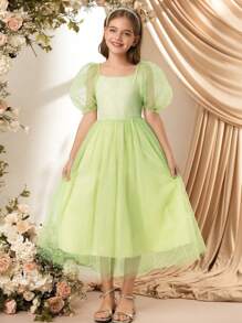 SHEIN 少女优雅花卉网眼公主花童礼服，适合婚礼季节