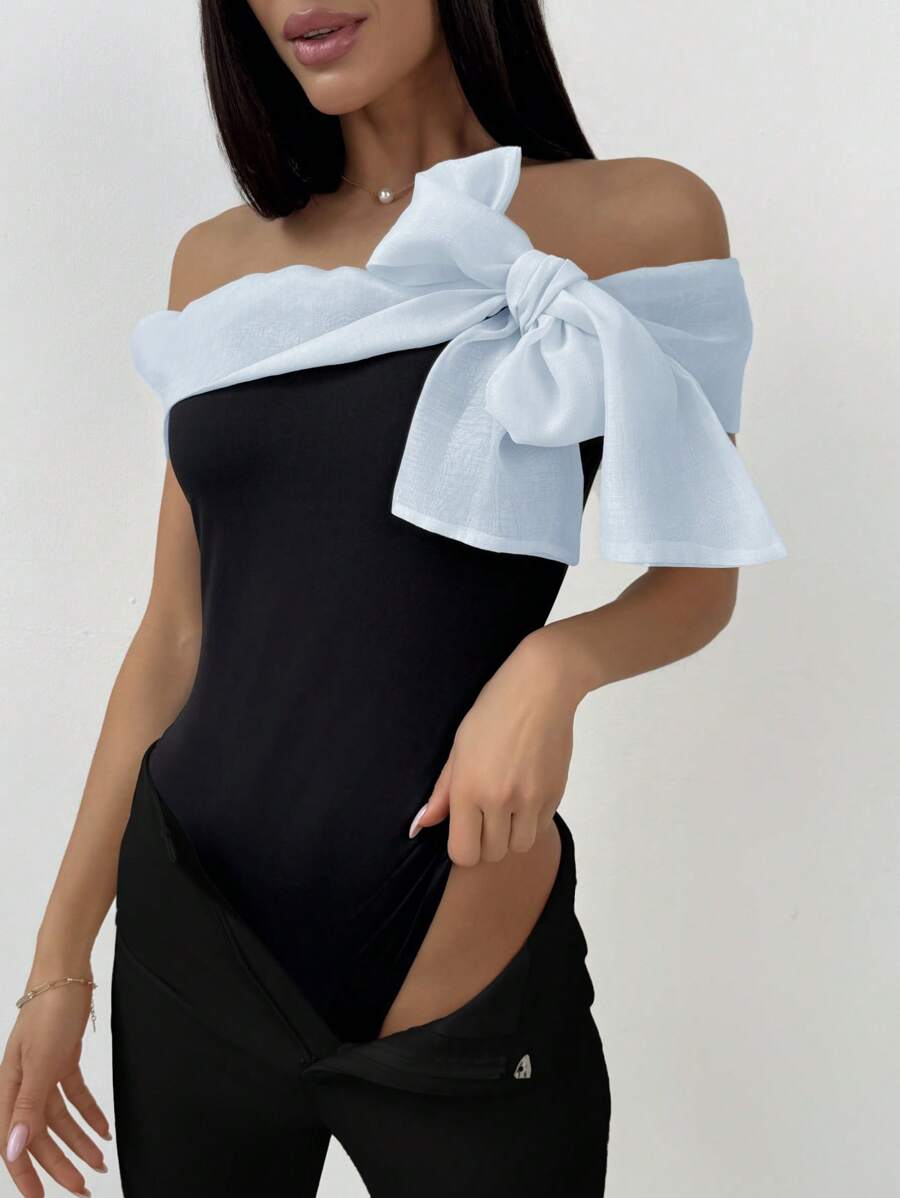 Firerie Women's Sleeveless Contrast Color Bodysuit With Off Shoulder Design - Baby Blue - View 1