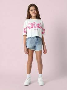 SUMWON Aloha 夏季短款 T 恤夏威夷芙蓉花印花短袖休闲海滩度假上衣青少年女孩夏季装 - 白色 - 查看 5