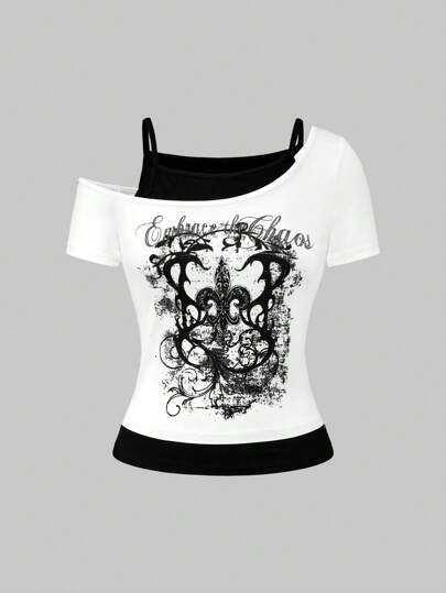 ROMWE Grunge Punk Camisa Camiseta Feminina de Gola Caída com Padrão de Impressão de Plantas de Videira Desgastada e Cores de Contraste, para Festival de Rock