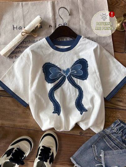 SHEIN EZwear Casual Minimalist Butterfly Print Round Neck Loose Women T-Shirt