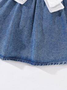 SHEIN Vintaside Kids 女宝宝休闲日常百搭百搭可爱大蝴蝶结装饰短袖水洗牛仔背带裙，适合日常外出、旅行、派对，2025 年春夏新品 - 中等水洗藍 - 查看 7