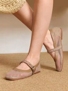 Styleloop Chaussures plates à bout rond pour femme, tige en maille tissée beige, design minimaliste à la mode, confortables et respirantes, fermeture auto-agrippante - Vert olive - Voir 6