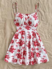 Soleia Damen Urlaubs Rot & Weiß Blume Muster rückenfrei Spaghettiträger A-Linie Mini Kleid, geeignet zum Layering im Herbst/Winter, Partywear - Rot - Übersicht 5