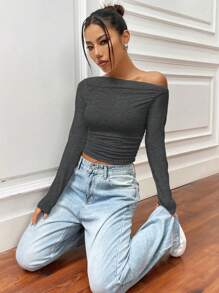 Flirla Women's Solid Color Oblique Shoulder Casual Simple Fashion T-Shirt, Suitable For Summer
