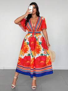 Flirla Plus Size Women's Colorful Floral Elegant Beach Party Tie-Waist Maxi Dress, Spring/Summer - Multicolor - View 4