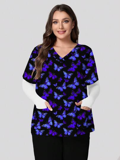 PopScrub 大码女式 V 领短袖双口袋，蝴蝶结设计，简约吉祥印花护士/医生/兽医/实验室技术员/营养师功能性工作服衬衫