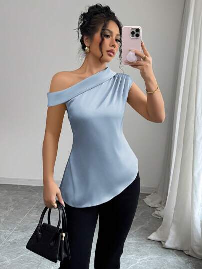 Elenzga 女士纯色缎面优雅不对称肩部折叠前领无袖衬衫，适合春夏季、情人节穿着