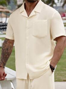 ResortEase Plus Size Men Solid Color Short Sleeve Single-Breasted Shirt And Shorts Casual Suit Men Summer Clothes Men Shirt Co Ords Outfits For Men Men Shirt Co Ords Men 2 Pieces Linen Summer Outfits For Men Men Shirt Co Ords Matching Sets Men Men Shirt Co Ords, Cream Outfit Men