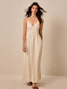 Poéselle Women's Summer Striped Lace-Up Back Long Strap Dress,Linen Dress - Apricot - View 7