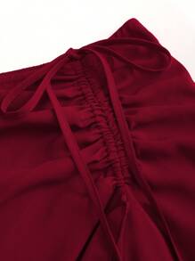 SHEIN PETITE Women's New Burgundy Vintage Palace-Style High Waist Low Hem Tie-Up Pleated Layer Skirt, Party/Boho Skirt, Petite Spring/Summer Skirt - Burgundy - View 5