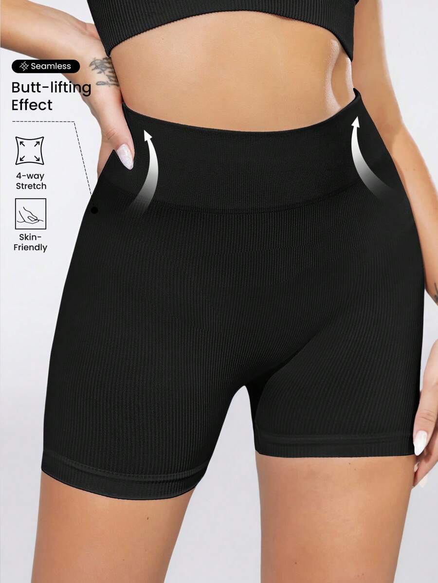 Easithlete Wide Waistband Rib-Knit Sports Biker Shorts Spandex Shorts Spandex Shorts