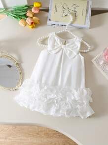 SHEIN Elladie kids 女宝宝优雅简约无袖蝴蝶结装饰皱褶网眼裙连衣裙，春夏 - 白色 - 查看 9
