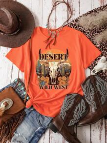 SHEIN LUNE Plus Size Western Bull Head T-Shirt, Women's Vintage 'DESERT WILD WEST' Slogan Graphic Tee Short Sleeve Top - Orange - View 1