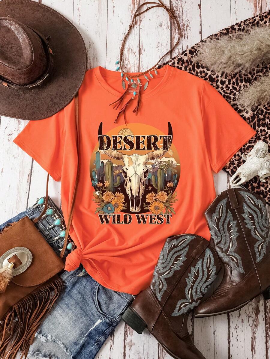 SHEIN LUNE Plus Size Western Bull Head T-Shirt, Women's Vintage 'DESERT WILD WEST' Slogan Graphic Tee Short Sleeve Top - Orange - View 1