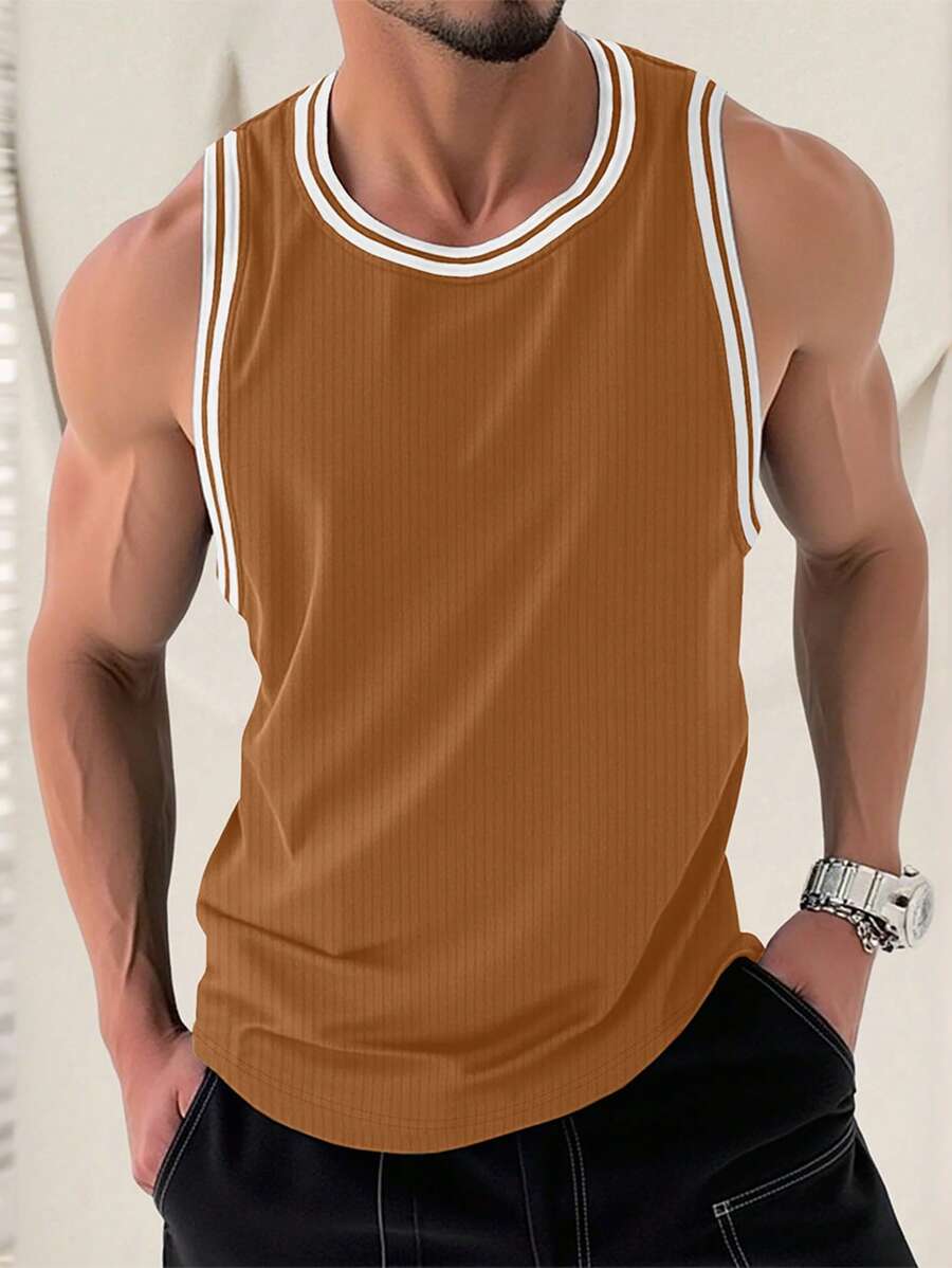 Manfinity Homme Men's Contrast Trim Minimalist Fashion Tank Top, Suitable For Summer - Coffee Brown - View 1