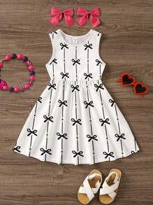 SHEIN 可爱条纹蝴蝶结印花，女婴休闲卡通图案圆领无袖中长连衣裙，适合夏季 - 彩色 - 查看 2