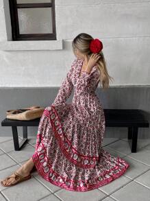 Breezaya Đầm Maxi Tay Ngắn In Hình Chắp Vá Thường Ngày Cho Nữ - Đỏ - Xem 3