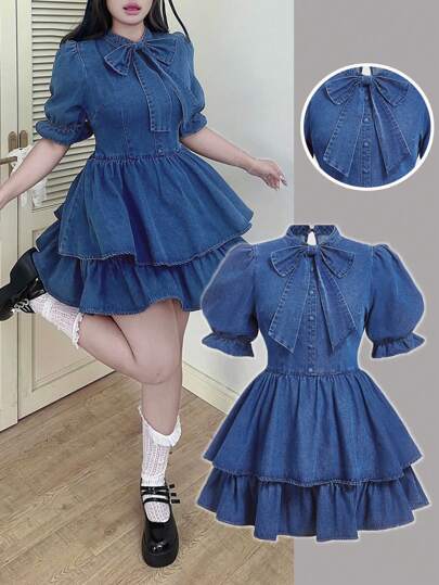 SHEIN MOD 大码蓝色加大码牛仔连衣裙蝴蝶结泡泡袖甜美可爱公主裙夏季连衣裙