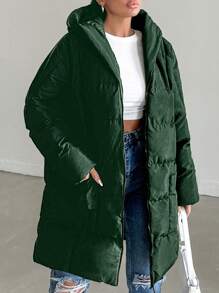 EURMUSE Women Hooded Metal Zipper Big Pockets Knee-Length Solid Color Padded Coat - Dark Green - View 4