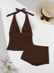 Swim Vcay Solid Color Halter Tankini Set For Beach/Vacation For Summer