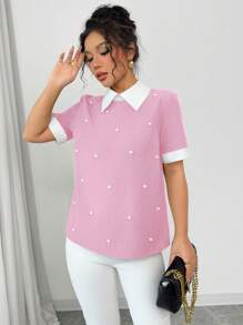 Elenzga Áo cánh tay ngắn đính hạt cổ bẻ phối màu thời trang xuân/hè cho nữ - Hồng - Xem 5