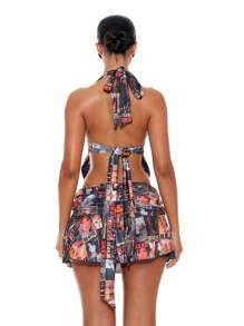 Musera Resort Halsausschnitt Extremer Ausschnitt Kuhlen Vorderseite Mit Ring-Detail Rückenbindung Grafisches Muster Crop Top Nur Sommer Frühling Urlaub Sexy Club Ibiza Strandmode Festival Rave