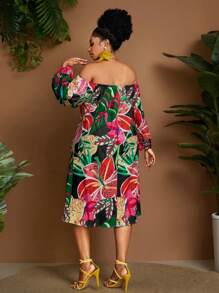 Maweii Abito con stampa tropicale, scollo a spalla, maniche a lanterna, stile casual da vacanza, taglie comode