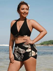 Swim Vcay Plus Size Women 2pcs/Set Random Leaf Neck Halter Split Vacation Casual Swimwear Set - Multicolor - View 3