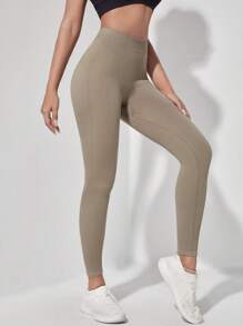 SHEIN Sports Rib-knit Running Tights Seamless Medium Stretch Athletic Leggings - Khaki - View 4