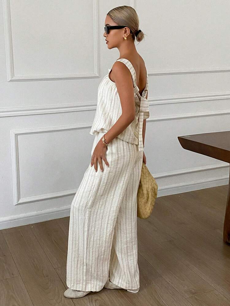 2pcs/Set Women Summer Striped Sleeveless Top & Wide Leg Pants Linen