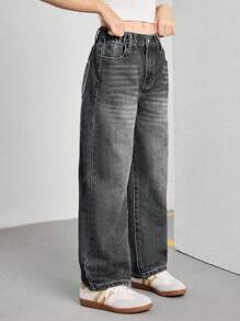 SHEIN Streetcool Tween Girl 复古宽松阔腿牛仔裤，休闲直筒牛仔裤 - 灰色 - 查看 6