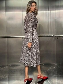 Chiquease Women Casual Vacation Leopard Print Twist Waist 3/4 Sleeve Midi Dress Maxi Women Outfit Fall Cloth For Women - Multicolor - View 2
