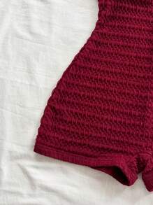 Soleia 女士度假酒红色针织纹理前镂空蝴蝶结撞色肩带撞色连体裤，时尚打底衫或外套，派对 - 酒紅色 - 查看 4