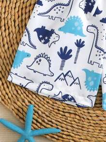 SHEIN 男婴沙滩可爱恐龙印花沙滩短裤和太阳帽