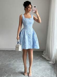 Elenzga Nuevo vestido sin mangas para mujer, cuello cuadrado, bajo en línea A con textura fruncida, tela floral tejida, unicolor, elegante y versátil minivestido delicado de cintura estilizadora para uso diario casual y de oficina