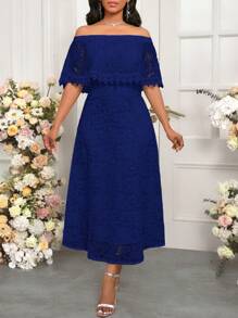 SHEIN Lady White Lace One-Neck Cape Elegant Dress Valentine's Day Women Midi Dresses - Navy Blue - View 6