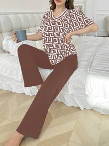 Set de 2 piezas de pijama con estampado geométrico, cuello en V, mangas cortas y pantalones largos de un solo color